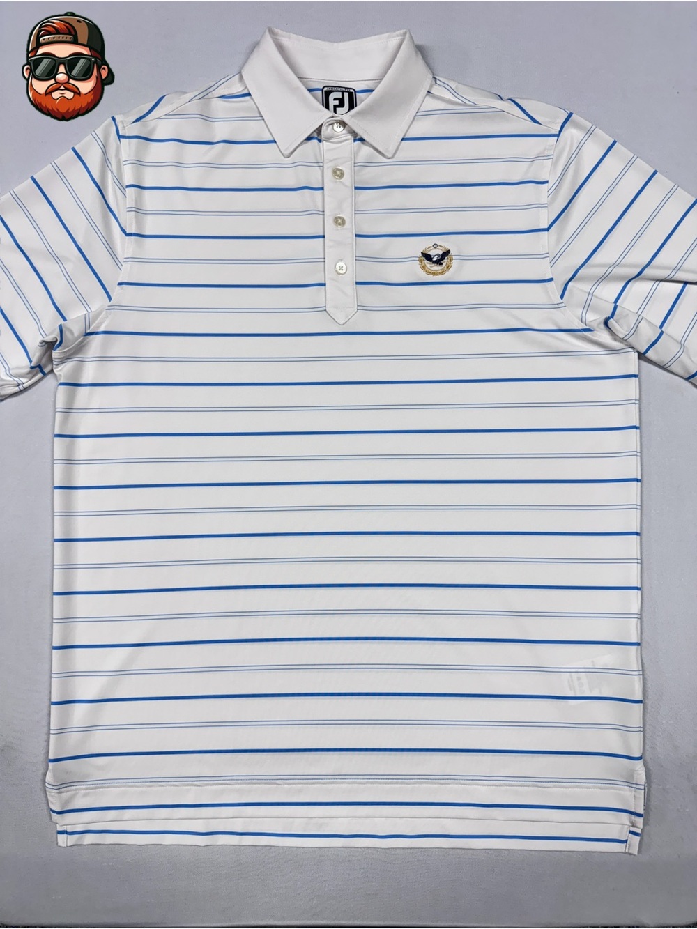 FootJoy Mens Large Athletic Fit White/Blue Stripe Performance Golf Polo